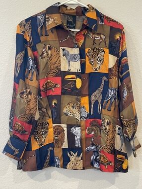 Dana B And Karen Vintage 100% Silk Safari Animal Print Patchwork Blouse Size 10
